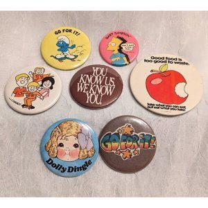 Vtg Buttons Pinbacks Smurfs Bart Simpsons Skateboard Dolly Apple Badges Lot Of 7